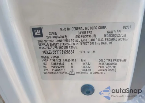 2007 GMC Acadia Slt-2 z USA, uszkodzony, nr VIN 1GKEV33777J128584